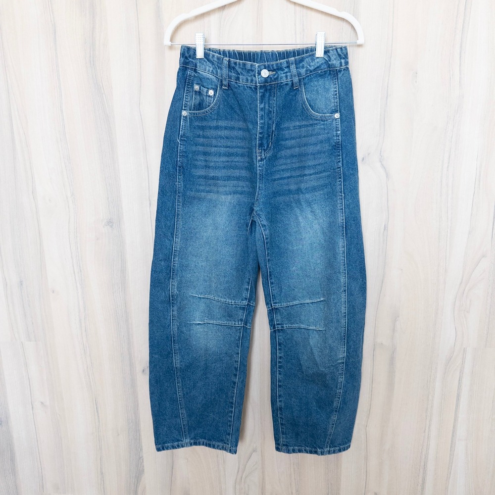 Womens Barrel Leg Jeans Small Medium Wash High Rise Elastic Waist 90s Baggy